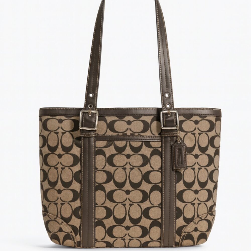 Coach Monogram Canvas Leather Tote Bag Medium Size Genuine Purse Vintage